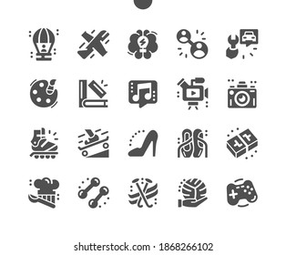 Interests of people. Intellectual hobbies. Sport, drawing, reading, dancing and shopping. Communication. Vector Solid Icons. Simple Pictogram