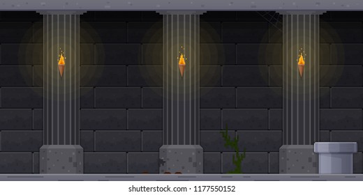 Interface 8 bit game, pixel art platformer, mobile and desktop version. Appearance of level in dark dungeon, with brick walls, torches. Video game, interface fantasy RPG games. Vector illustration.