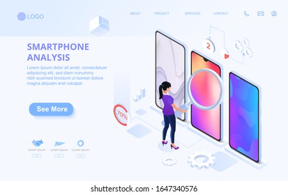Interface Analysis. Analysis study smartphone. Programming seo phone vector illustration. Software, code place. UI design concept with character and text. Flat isometric