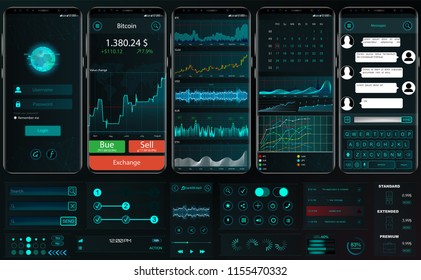 Plantilla de aplicación de interfaz para plataforma de intercambio. UI, UX, Kit. Herramientas profesionales para el comercio exitoso. Aplicación de intercambio en pantalla telefónica. Cicriptomoneda bancaria móvil ui. Elementos del conjunto de vectores