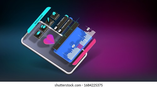  Interface app for tracking health status in space on the mobile phone screen. Vector banner