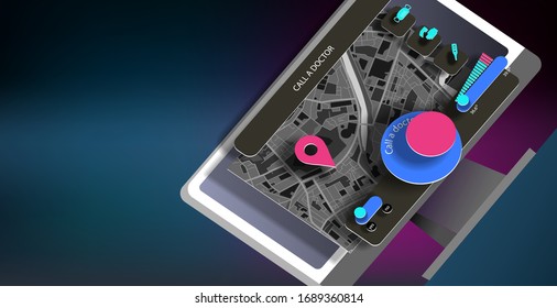 Interface of the application for calling the doctor on the screen of an office computer in space. Vector banner