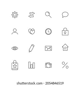 Interface and application concept. Line icon set including editable strokes of gear, arrows, magnifying glass, speech bubble, clock, eye, pencil etc
