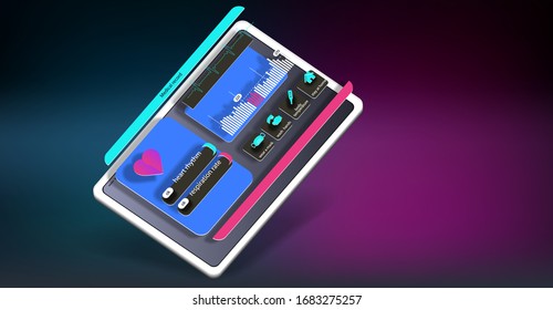 Interface application for tracking health status in space on the screen of a digital tablet. Vector banner