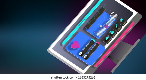 Interface an application for tracking health status in space on the screen of an office computer. Vector banner