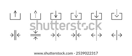 Interface arrow icon collection. Outline arrow icons. Compare, resize, divider, upload, share, download and more. Editable stroke. Pixel Perfect. Grid base 32px.