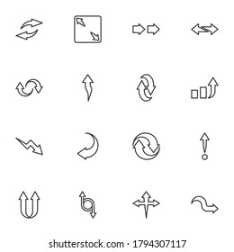 Interface arrows line icons set, outline vector symbol collection, linear style pictogram pack. Signs, logo illustration. Set includes icons as transfer arrows, turn left and right side, forward, down