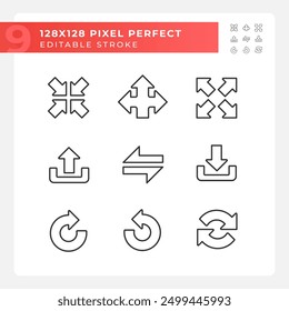 Interface arrows linear icons set. Directional arrows. Cyclic movements. Upload and download symbols. Customizable thin line symbols. Isolated vector outline illustrations. Editable stroke