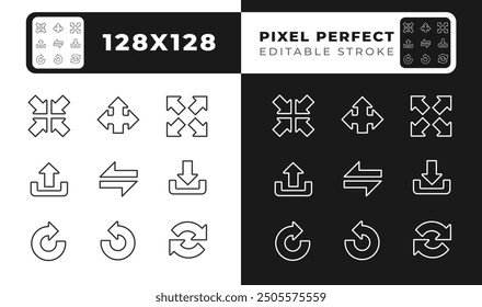 Interface arrows linear icons set for dark, light mode. Directional arrows. Cyclic movements. Upload, download symbols. Thin line symbols for night, day theme. Isolated illustrations. Editable stroke