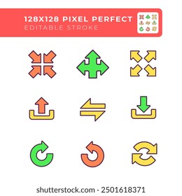 Interface arrows RGB color icons set. Directional arrows. Cyclic movements. Upload and download symbols. Isolated vector illustrations. Simple filled line drawings collection. Editable stroke