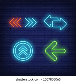Interface arrows and road neon signs set. Website interface signs or buttons design. Night bright neon sign, colorful billboard, light banner. Vector illustration in neon style.