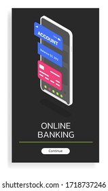 The interface of the banking application for a smartphone hangs over the phone screen. Vector isometric poster with bright multi-colored user interface on a dark background.