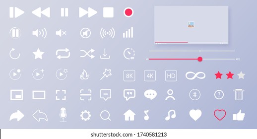 Interface buttons. Mobile ui/ux social speech bubbles. Media player icons. Modern flat video player interface. Vector illustration