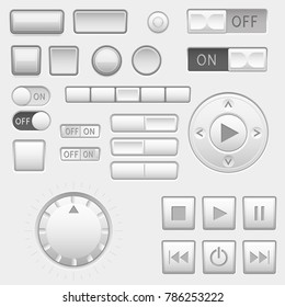 Interface buttons set. Push buttons, media buttons, switch. Vector 3d illustration