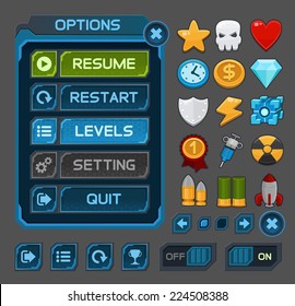 Interface buttons set for space games or apps. Vector illustration. Easy to edit. Isolated on gray