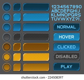 Interface buttons set for space games or apps. Vector illustration. Easy to edit. Isolated on gray