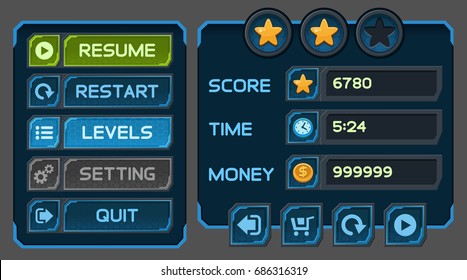 Interface buttons set for space games or apps. Vector illustration. Easy to edit. Isolated on gray