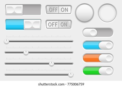 Interface buttons. Web toggle switch buttons and sliders. Vector 3d illustration