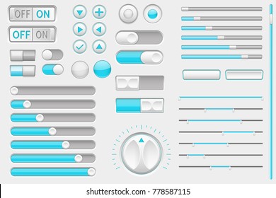 Interface buttons. Web toggle switch and push buttons, navigation buttons and slider bars. Vector 3d illustration