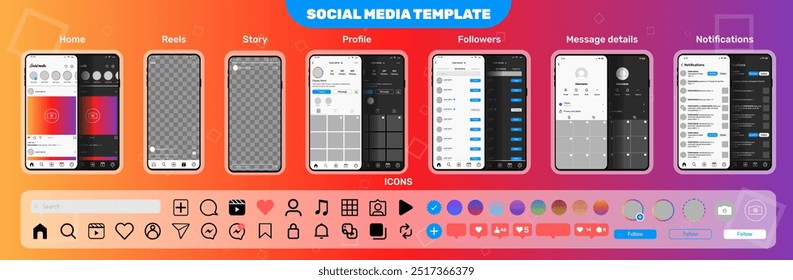 Carrusel de interfaz en la red social, concepto de diseño de maquetas de marco de fotos deslizante de redes sociales, iconos de notificación, publicación de alimentación de redes sociales maqueta para teléfonos inteligentes y páginas de marco de desplazamiento