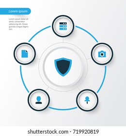 Interface Colorful Icons Set. Collection Of Safe, Pushpin, Photo And Other Elements. Also Includes Symbols Such As Web, Server, Pin.