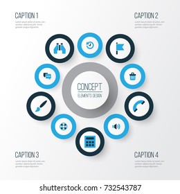 Interface Colorful Icons Set. Collection Of Painting, Calculate, Volume And Other Elements. Also Includes Symbols Such As Binocular, Lifebuoy, Audio.