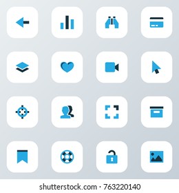 Interface colorful icons set with picture, backward, camera and other camera elements. Isolated vector illustration interface icons.