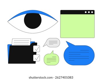 Interface and communication icons 2D cartoon objects set. Eye, file folder checkmarks, browser window, speech bubbles isolated elements flat vector clip arts on white. Spot illustrations collection