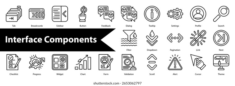 Interface Components Icon Collection and Set Containing: Dashboard,Navigation,Layout,Design,Interaction,Alignment,Integration,Usability,Workflow,Accessibility,Customization,Menu,Panel,Toolbar,Shortcut