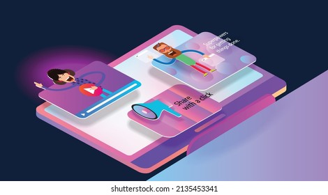 Interface of a computer web application with cartoon characters and gradients. Vector banner