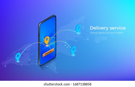 Interface of delivery service isometric banner. Mobile on global map with location pins and routes. gps or navigation on mobile app. Vector illustration