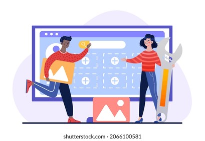 Concepto de diseño de interfaz. El hombre y la mujer desarrollan una parte visual de la aplicación o del sitio web. Interfaz de usuario para producto digital. Página web de diseño de caracteres. Dibujo gráfico colorido de vector plano