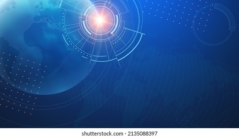 Interface design. Futuristic background with Earth planet, World map, techno screen elements and light effects