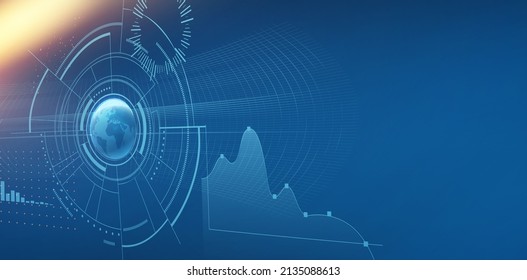 Interface design. Futuristic background with Earth planet, World map, techno screen elements and light effects