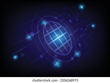 Interface design. Futuristic background with Earth planet, World map, techno screen elements and light effects.
