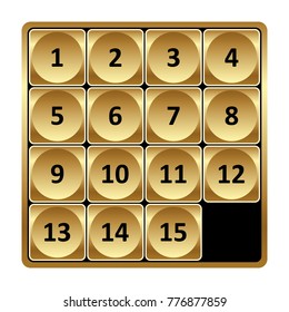 Interface design for the game "Fifteen puzzle" Golden color. Vector illustration. Game play.
