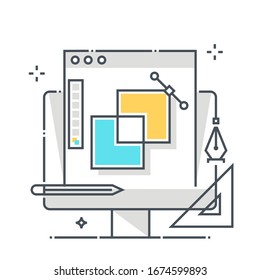 Interface design related color line vector icon, illustration. The icon is about computer, cursor, design, illustration, web, vector. The composition is infinitely scalable.