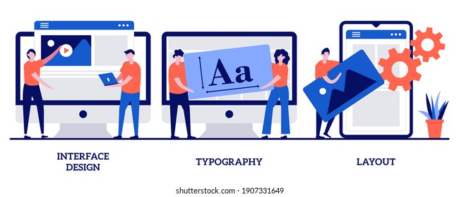 Interface Design, Typography And Layout Concept With Tiny People. UI Design Abstract Vector Illustration Set. Visual Element, Website And Application, Responsive Webpage, Usability Test Metaphor.