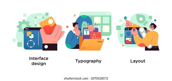 Interface design, typography and layout concept with tiny people. UI design abstract vector illustration set.