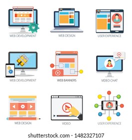 Interface design vector icons collection of  Web Development, Web Design, User Experience, Web Banners, Video chat, Video. Interface design elements for mobile and web applications.