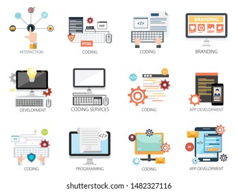 Interface design vector icons collection of  Interaction, Coding, Branding, Development, Coding Services, App Development, Programming . Interface design elements for mobile and web applications.