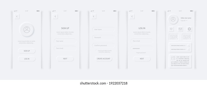 Interface design vector. Sign up and log in user page. Neumorphism style elements. Create account form. Login and password form. Minimal white buttons or icons. Neumorphic UI UX design.