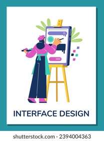 Interface designer creating layouts to visually appealing elements for website interface or mobile application, flat vector illustration isolated on white background.