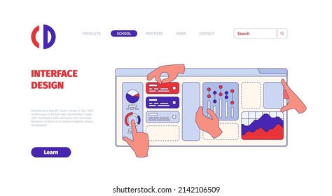 Interface designing landing. Ui building processes hand holding and moving different geometrical shapes and buttons garish vector web page template