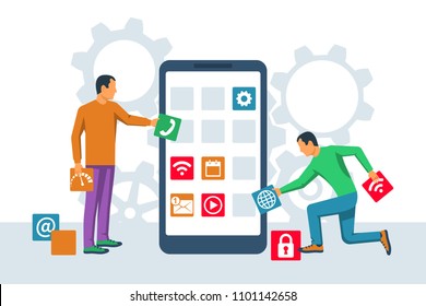 Interface development, design mobile app. Mobile technology. Team small people, programmer building application blocks on screen of smartphone. Vector flat design. Software development process.