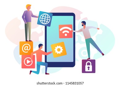 Interface development, design mobile app. Mobile technology. Team small people, programmer building application blocks on screen of smartphone. Vector flat design. Software development process.