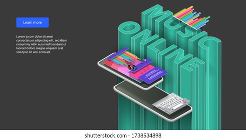 interface of the digital music service on the phone screen and large letters in isometrics. Vector banner