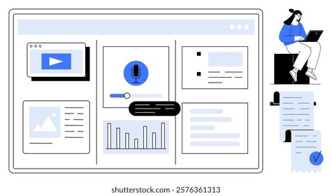 Interface displaying multimedia elements, graphs, and text icons with a person working on a laptop. Ideal for remote work, productivity tools, online collaboration, data analysis, and project