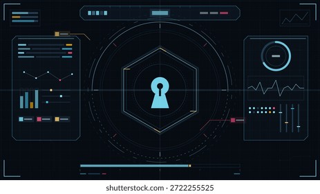 La interfaz muestra un símbolo de bloqueo central con gráficos y métricas de datos circundantes. Varias barras y líneas de colores indican el flujo de información y las estadísticas.