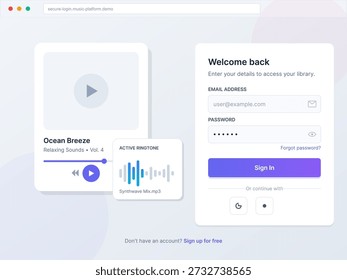 The interface displays a music library with a focus on relaxing sounds. A sign-in form is visible for users to access their accounts and listen to their playlists.